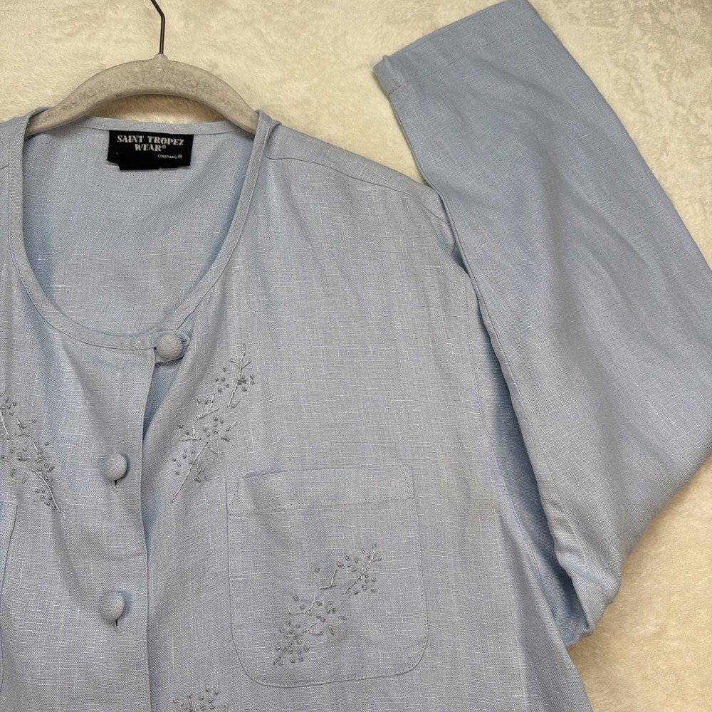 Saint‎ Tropez Wear Linen Shacket Womens 16 Blue Embroidered Boxy Button Top
